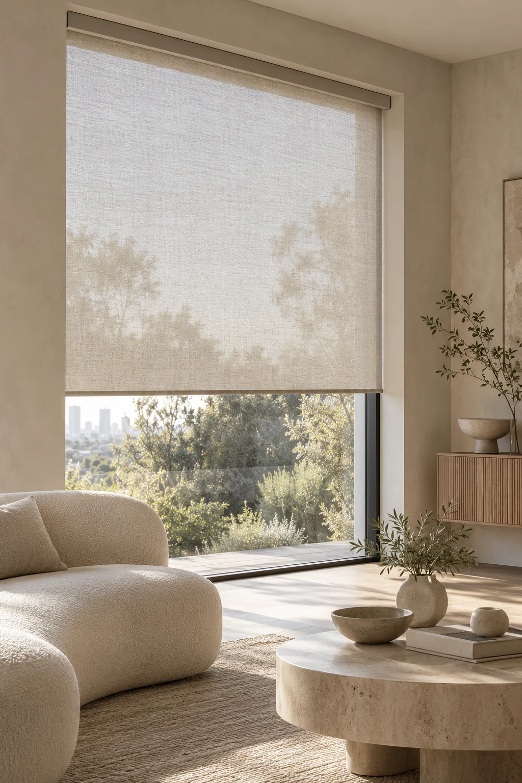 An illustrative linen blind filtering sunlight in a contemporary living room