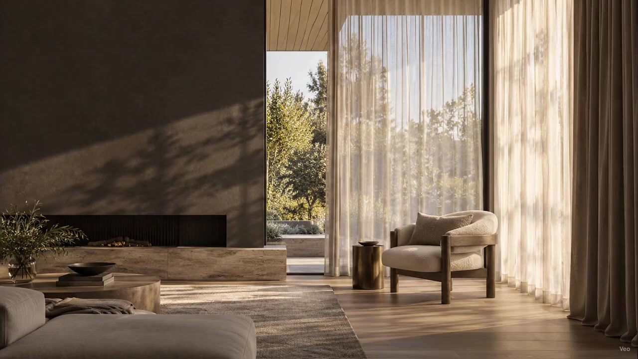 Sunlit contemporary living room with sheer curtains; illustrative concept imagery