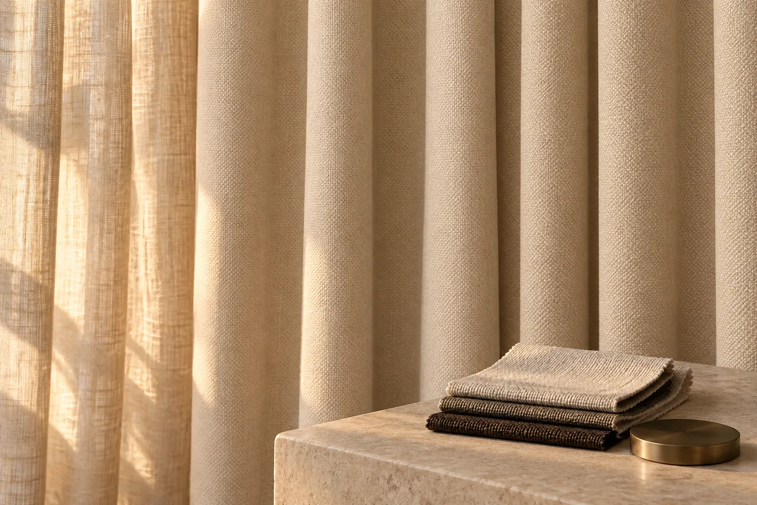AI-generated oat woven curtains with continuous vertical S-fold waves, a flax sheer and stone and bronze details